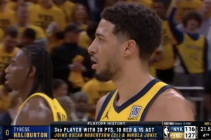 哈利伯頓季后賽至少30分10板15助 歷史第3人 比肩大O和約基奇