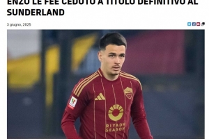 羅馬官方：中場(chǎng)勒費(fèi)永久轉(zhuǎn)會(huì)加盟桑德蘭 據(jù)悉買斷金額2300萬(wàn)歐