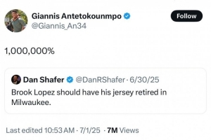 雄鹿新援哈里斯穿大洛的11號(hào) 此前字母稱球隊(duì)會(huì)退役大洛球衣