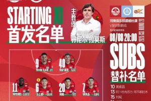 中超聯(lián)賽第20輪 河南俱樂(lè)部酒祖杜康VS深圳新鵬城首發(fā)及替補(bǔ)名單