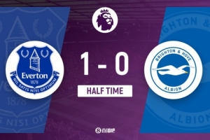 半場(chǎng)-埃弗頓暫1-0布萊頓 恩迪亞耶破門格拉利什送助攻