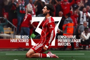 利物浦官推曬索博滑跪照：連續(xù)37場英超破門刷新隊(duì)史紀(jì)錄