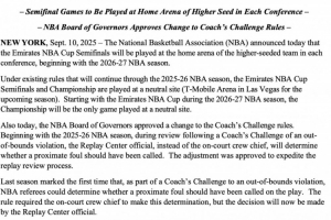 下下賽季起NBA杯半決賽將在戰(zhàn)績更好球隊主場進(jìn)行 決賽依舊中立場