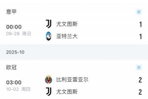 平局大師！尤文4連平追平上賽季平局紀錄，上賽季聯(lián)賽18勝16平4負