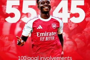 里程碑！英超官方社媒曬海報祝賀薩卡：參與英超進球100個