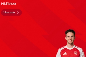 面對舊主破門，英超官方：賴斯當(dāng)選阿森納2-0西漢姆全場最佳球員