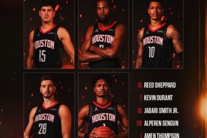 火箭公布今日戰(zhàn)爵士首發(fā)：謝潑德、杜蘭特、小賈、申京、阿門