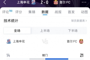 申花vs首爾FC全場數(shù)據(jù)：射門14-21，射正6-5，控球率33%-67%